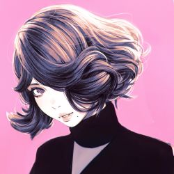 Rule 34 | 1girl, commentary, english commentary, hair over one eye, highres, ilya kuvshinov, lips, looking at viewer, mole, mole under eye, mole under mouth, one eye covered, original, parted lips, pink background, portrait, purple eyes, short hair, simple background, solo, wavy hair