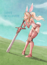 Rule 34 | 1girl, animal ears, animal print, armor, armored boots, armored dress, bad id, bad pixiv id, bare shoulders, bikini armor, blonde hair, boots, clothing cutout, cloud, cloudy sky, day, fake animal ears, field, floating hair, full body, gauntlets, grass, greaves, hair tie, head rest, highres, holding, holding sword, holding weapon, knee pads, leaning forward, long hair, looking at viewer, md5 mismatch, meadow, armored boots, navel, navel cutout, original, outdoors, own hands together, pigeon-toed, pink armor, pink footwear, planted, planted sword, planted weapon, ponytail, rabbit ears, rabbit print, rabbit tail, red eyes, satyuas, scrunchie, sidelocks, sideways glance, sky, smile, solo, stomach, sword, tail, thigh boots, thigh gap, thighhighs, vambraces, weapon, wind