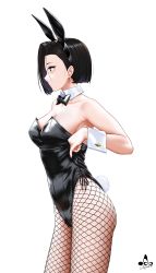 Rule 34 | 1girl, absurdres, animal ears, artist logo, bare shoulders, black hair, black leotard, bow, bowtie, breasts, brown eyes, cleavage, collarbone, commentary request, detached collar, earrings, fake animal ears, fishnet pantyhose, fishnets, highres, infinote, jewelry, large breasts, leotard, original, pantyhose, playboy bunny, rabbit ears, rabbit tail, short hair, side-tie leotard, signature, simple background, solo, standing, strapless, strapless leotard, tail, white background, wrist cuffs, yashiki yuuko (infinote)