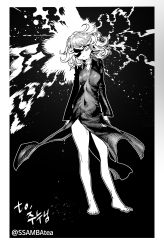 Rule 34 | 1girl, barefoot, border, breasts, closed mouth, covered navel, curly hair, dress, greyscale, head tilt, highres, korean text, long sleeves, looking at viewer, medium hair, monochrome, one-punch man, shaded face, small breasts, solo, ssambatea, standing, tatsumaki, toenails, translation request, twitter username, white border