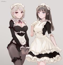 Rule 34 | 2girls, apron, artist name, blue eyes, blush, breasts, bridal garter, brown eyes, brown hair, chowbie, cleavage, commentary request, gloves, grey background, grey hair, leotard, maid, maid apron, maid headdress, medium breasts, medium hair, multiple girls, original, pantyhose, see-through, sidelocks, white gloves