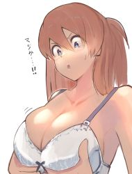Rule 34 | !, !!, 1girl, :o, alternate breast size, blue eyes, blush, bouncing breasts, bra, breasts, cleavage, grabbing own breast, highres, large breasts, long hair, looking at breasts, neon genesis evangelion, open mouth, orange hair, shiny skin, simple background, souryuu asuka langley, sweat, two side up, underwear, upper body, white background, yakankome