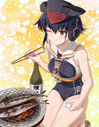 Rule 34 | 1girl, absurdres, alcohol, asymmetrical hair, black hair, black one-piece swimsuit, blush, bottle, breast cutout, brown eyes, brown neckerchief, choko (cup), chopsticks, cooking, cup, fish, fish (food), framed breasts, gloves, grill, grilling, hair between eyes, headphones, highres, i-14 (kancolle), kanmiya shinobu, kantai collection, neckerchief, one-piece swimsuit, one eye closed, partially fingerless gloves, sailor collar, sake, sake bottle, saury, school swimsuit, shirt, short hair, single glove, solo, squatting, swimsuit, yellow background