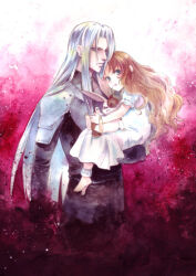 Rule 34 | 1boy, 1girl, aerith gainsborough, aged down, ankleband, armor, black jacket, brown hair, carrying, dress, final fantasy, final fantasy vii, full body, jacket, long hair, parted bangs, prima rosa, princess carry, puffy short sleeves, puffy sleeves, sephiroth, short sleeves, shoulder armor, silver hair, square enix, stuffed animal, stuffed rabbit, stuffed toy, traditional media, upper body, white dress