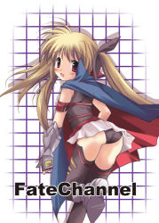 Rule 34 | 00s, 1girl, :o, armlet, ass, black shirt, black thighhighs, blonde hair, blush, cape, chibitan, fate testarossa, from behind, long hair, looking at viewer, lowres, lyrical nanoha, mahou shoujo lyrical nanoha, open mouth, panties, pantyshot, pleated skirt, shirt, sidelocks, skirt, solo, standing, taut clothes, thighhighs, twintails, underwear, upskirt, very long hair, white skirt