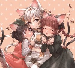 Rule 34 | 3girls, animal ear fluff, animal ears, blouse, blush, braid, brown background, cat ears, chen, closed eyes, commentary request, full-face blush, goutokuji mike, hat, heart, highres, kaenbyou rin, masanaga (tsukasa), mob cap, multiple girls, multiple tails, paw print, paw print background, pink background, pointy ears, shirt, simple background, spoken heart, tail, touhou, trait connection, twin braids, two tails, white shirt
