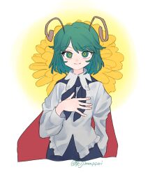 Rule 34 | 1girl, antennae, black cape, blush, cape, closed mouth, collared shirt, commentary request, derivative work, fingernails, floral background, flower, green hair, hand on own chest, highres, kijima (amayadori-tei), long sleeves, looking at viewer, medium bangs, red cape, redrawn, shirt, short hair, smile, solo, touhou, twitter username, two-sided cape, two-sided fabric, upper body, white shirt, wriggle nightbug, yellow flower, yellow pupils