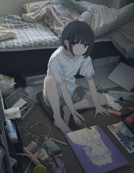 Rule 34 | 1girl, absurdres, arm support, bad id, bad pixiv id, bare arms, bare legs, barefoot, bed, bedroom, black hair, blunt bangs, cellphone, charging device, closed mouth, collarbone, commentary request, grey shorts, highres, jitome, knee up, looking at viewer, on floor, original, paint, paint tube, paintbrush, painting (action), pencil, phone, photo (medium), photo background, pillow, shirt, short hair, short sleeves, shorts, smartphone, solo, t-shirt, tsuzuki amy, white shirt