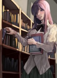 Rule 34 | 1girl, absurdres, black bow, blush, book, book stack, bookshelf, bow, bowtie, burn scar, colored eyelashes, commentary, english commentary, green skirt, hair over one eye, highres, holding, holding book, ikezawa hanako, indoors, katawa shoujo, library, long hair, long sleeves, looking at viewer, nonsense (dcrn4428), pleated skirt, purple eyes, purple hair, scar, scar on face, school uniform, shirt, sidelocks, skirt, solo, white shirt, yamaku high school uniform