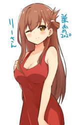 Rule 34 | 1girl, ;), birthday, breasts, brown hair, character name, cleavage, closed mouth, commentary, dress, folded hair, gakkou gurashi!, hair ornament, hairclip, highres, large breasts, long hair, looking at viewer, nasunael, one eye closed, orange eyes, red dress, simple background, sleeveless, sleeveless dress, smile, solo, standing, translated, wakasa yuuri, white background