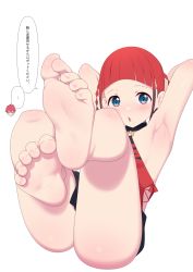 Rule 34 | 1girl, armpits, asukagawa chise, barefoot, blue eyes, child, choker, feet, flat chest, foot focus, gridman universe, highres, lying, maidforge, mole, mole under mouth, multicolored hair, o-ring, on back, red hair, soles, ssss.dynazenon, toes, translated, twintails, two-tone hair