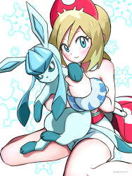 Rule 34 | 1girl, absurdres, aruke (gter7727), bare shoulders, blonde hair, blue eyes, commentary, creatures (company), game freak, gen 4 pokemon, glaceon, hairband, highres, holding, holding pokemon, irida (pokemon), looking at viewer, nintendo, pokemon, pokemon (creature), pokemon legends: arceus, shirt, simple background, sitting, smile, snowflakes, strapless, strapless shirt, tail, waist cape, wariza, white background