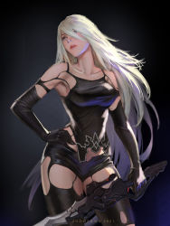 Rule 34 | 1girl, black background, black gloves, breasts, cowboy shot, elbow gloves, gloves, hair over one eye, kveldulv, lips, long hair, nier (series), nier:automata, nose, silver hair, simple background, solo, sword, thighhighs, weapon, a2 (nier:automata)