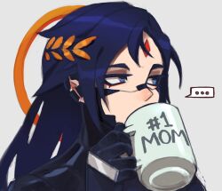 Rule 34 | ..., 1girl, android, black hair, blue eyes, cup, decayedparasite, drink, english text, facial mark, falke (signalis), grey background, halo, laurel crown, mug, signalis, simple background, solo, speech bubble