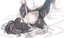 Rule 34 | 1boy, black hair, closed mouth, doll joints, dororo (tezuka), ebira, hyakkimaru (dororo), japanese clothes, joints, kimono, lying, male focus, on back, pale skin, prosthesis, prosthetic arm, red eyes, slit pupils, solo, string, string of fate, sword, weapon