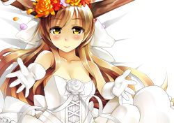 Rule 34 | 1girl, alternate costume, bad id, bad pixiv id, bare shoulders, blush, breasts, brown hair, cleavage, dress, female focus, flower, horns, ibuki suika, long hair, looking at viewer, outstretched arms, smile, solo, tears, topo (bacchustab), topo bevitore, touhou, upper body, very long hair, wedding dress, yellow eyes