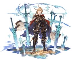Rule 34 | 10s, 1boy, ahoge, armor, belt, black pants, blonde hair, blue eyes, cape, crossed arms, full body, granblue fantasy, greaves, looking at viewer, male focus, minaba hideo, official art, open mouth, pants, planted sword, planted, puddle, sheath, sheathed, short hair, seofon (granblue fantasy), smirk, smug, solo, space, standing, star (sky), sword, teeth, transparent background, weapon