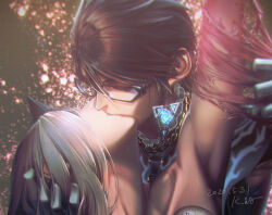 2girls amulet arm_up armpits bad_id bad_twitter_id bayonetta bayonetta_(series) bayonetta_2 black-framed_eyewear black_hair closed_eyes collar dated earrings eyelashes frilled_collar frills glasses gloves grey_hair holding holding_another&#039;s_head jeanne_(bayonetta) jewelry kara_namako kiss long_hair multiple_girls official_alternate_hairstyle short_hair signature tearing_clothes torn_clothes triangle_earrings white_gloves yuri