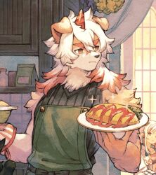 Rule 34 | 1boy, 1girl, apron, arknights, black shirt, bowl, colored tips, commentary request, cupboard, dragon girl, food, furry, furry male, green apron, highres, holding, holding bowl, holding plate, horns, hung (arknights), kitchen, komainu boy, komainu ears, looking at viewer, maeka (kumaekake), male focus, mittens, multicolored hair, muscular, muscular male, nian (arknights), official art, omelet, omurice, orange eyes, plate, pointy ears, shirt, single horn, sleeveless, sleeveless shirt, sparkle, window, yostar