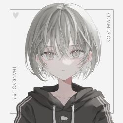 Rule 34 | 1girl, black sweater, commission, copyright request, crossed bangs, drawstring, earrings, expressionless, grey eyes, grey hair, hair between eyes, heart, highres, hood, hood down, hoodie, jewelry, kumagai yuka, looking at viewer, portrait, short hair, simple background, solo, sweater, thank you, white background