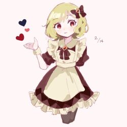 Rule 34 | 1girl, alternate costume, blonde hair, citrinne (fire emblem), dress, fire emblem, fire emblem engage, frilled dress, frills, hair ribbon, heart, looking at viewer, m ouo 314, maid, maid headdress, nintendo, pink background, red eyes, ribbon, smile, solo