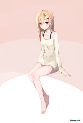 Rule 34 | 1girl, a479098236, absurdres, arm support, blonde hair, bottomless, commentary request, full body, hair between eyes, hair ornament, hairclip, highres, long hair, mole, mole under eye, pink background, sitting, solo, sweater, white sweater