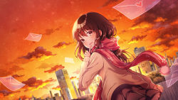Rule 34 | 1girl, black skirt, blush, brown eyes, brown hair, cityscape, commentary request, envelope, finger to face, highres, looking at viewer, open mouth, original, red scarf, scarf, school uniform, skirt, smile, solo, sunset, suzumi shiro, wallpaper
