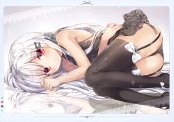 Rule 34 | 1girl, absurdres, ankle bow, ankle ribbon, ass, black panties, black thighhighs, blush, bow, detexted, expressionless, garter straps, hair bow, hair ornament, hair ribbon, hand on own hip, highres, huge filesize, kasako (komeshiro kasu), komeshiro kasu, leg ribbon, long hair, looking at viewer, lying, no shoes, on side, original, panties, red eyes, reflection, ribbon, scan, silver hair, solo, sparkle background, thigh bow, thighhighs, thighs, third-party edit, underwear, very long hair, white bow
