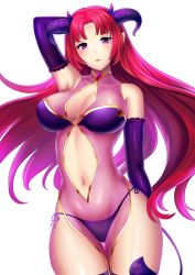 Rule 34 | 1girl, arm behind head, bare shoulders, bikini, blush, breasts, cleavage, demon girl, demon tail, female focus, gem, gold, highres, horns, large breasts, long hair, looking at viewer, midriff, navel, open mouth, original, purple eyes, purple horns, red hair, seductive smile, see-through, smile, swimsuit, tail, wide hips, xuahannin