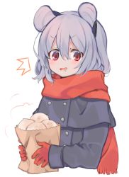 Rule 34 | 1girl, ^^^, akagashi hagane, alternate costume, animal ears, bag, blush, capelet, coat, commentary request, contemporary, cropped torso, food, food request, gloves, grey coat, grey hair, hair between eyes, holding, holding bag, long sleeves, looking at viewer, mouse ears, nazrin, open mouth, paper bag, red eyes, red gloves, red scarf, saliva, scarf, short hair, simple background, solo, touhou, upper body, v-shaped eyebrows, white background