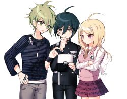 Rule 34 | 1girl, 2boys, ahoge, akamatsu kaede, amami rantaro, antenna hair, artist name, backpack, bad id, bad twitter id, bag, bandaged wrist, bandages, black jacket, black pants, black sleeves, blonde hair, blue hair, blue shirt, blue sleeves, bracelet, brown necktie, buttons, closed mouth, collarbone, collared jacket, collared shirt, commentary request, cowboy shot, crest, crossed arms, dalrye v3, danganronpa (series), danganronpa v3: killing harmony, denim, double-breasted, eyelashes, fingernails, fortissimo, green eyes, green hair, grey pants, hair between eyes, hair ornament, hand on own chin, hand on own hip, high collar, holding, holding tablet pc, jacket, jeans, jewelry, korean commentary, light blush, light frown, long hair, long sleeves, looking at object, miniskirt, multiple boys, multiple rings, musical note, musical note hair ornament, musical note print, necktie, open mouth, pants, pendant, pink vest, pinstripe jacket, pinstripe pants, pinstripe pattern, pleated skirt, pocket, pointing, purple eyes, purple skirt, ring, saihara shuichi, shirt, simple background, skirt, striped clothes, striped shirt, tablet pc, v-neck, v-shaped eyebrows, vertical-striped sleeves, vest, white background, white bag, white shirt, white sleeves, white undershirt, yellow eyes
