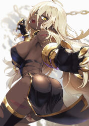 Rule 34 | 1girl, absurdres, ahoge, ass, bandaged leg, bandages, black gloves, black thighhighs, blonde hair, breasts, chain, collar, dark-skinned female, dark skin, from behind, gloves, highres, large breasts, long hair, looking at viewer, namako (namacotan), open mouth, original, pelvic curtain, pointy ears, sideboob, single thighhigh, slit pupils, solo, thighhighs, yellow eyes