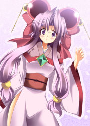 Rule 34 | 1990s (style), 1girl, akane souichi, bad id, bad pixiv id, bow, cherry (saber j), hair ornament, japanese clothes, kimono, long hair, low-tied long hair, pink bow, purple eyes, purple hair, retro artstyle, saber marionette j, solo