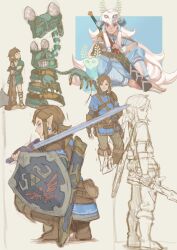 Rule 34 | 1boy, axe, blue shirt, brown hair, earrings, highres, holding, holding shield, holding sword, holding weapon, hylian shield, ivy (sena0119), jewelry, layered sleeves, link, long sleeves, male focus, multiple views, nintendo, pointy ears, ponytail, robot, shield, shirt, short over long sleeves, short sleeves, sitting, smile, standing, sword, the legend of zelda, the legend of zelda: tears of the kingdom, weapon