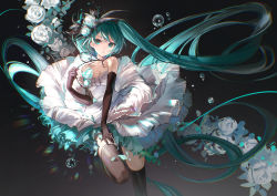 Rule 34 | 1girl, absurdres, bare shoulders, blue eyes, blue hair, breasts, dress, elbow gloves, feather hair ornament, feathers, flower, gloves, hair between eyes, hair flower, hair ornament, hatsune miku, highres, long hair, looking at viewer, rumoon, sleeveless, small breasts, solo, thighhighs, twintails, very long hair, vocaloid, water drop