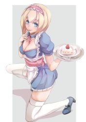 Rule 34 | 1girl, :p, alice margatroid, bad id, bad pixiv id, blonde hair, blue eyes, breasts, cake, cake slice, cleavage, food, hairband, highres, kneeling, large breasts, looking at viewer, poini (king-scarlet-dead), short hair, solo, strawberry shortcake, thighhighs, tongue, tongue out, touhou, white thighhighs
