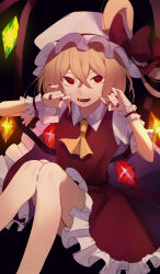 Rule 34 | 1girl, ascot, blonde hair, bow, claw pose, collared shirt, commentary, crystal, feet out of frame, fingernails, flandre scarlet, frilled skirt, frills, hair between eyes, hands up, hat, hat bow, highres, kuroto (cfdg3537), looking at viewer, medium hair, mob cap, nail polish, open mouth, puffy short sleeves, puffy sleeves, red bow, red eyes, red nails, red skirt, red vest, shirt, short sleeves, skirt, skirt set, solo, teeth, touhou, vest, white hat, white shirt, wings, wrist cuffs, yellow ascot