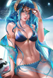 Rule 34 | 1girl, bikini, blue eyes, blue hair, breasts, glasses, league of legends, long hair, sakimichan, sona (league of legends), swimsuit, tail, twintails