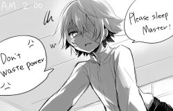 Rule 34 | 1boy, annoyed, bandages, child, collared shirt, english text, from below, looking at viewer, male focus, monochrome, no headwear, oliver (vocaloid), open mouth, solo, suiseita ichi, vocaloid