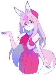Rule 34 | 1girl, animal ears, brand new animal, character name, clothes writing, dress, fox ears, fox girl, fox tail, furry, furry female, hair between eyes, hat, highres, hiwatashi nazuna, hoyon, long hair, looking at viewer, multicolored hair, pink hair, red dress, red eyes, red hat, simple background, smile, solo, tail, travel attendant, two-tone hair, white background