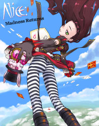 Rule 34 | 1girl, alice: madness returns, alice (alice in wonderland), alice liddell (american mcgee&#039;s alice), alternate costume, american mcgee&#039;s alice, american mcgee's alice, animification, ass, boots, brown hair, card, cloud, copyright name, day, floating card, foreshortening, gloves, green eyes, highres, nakamura tetsuya, one eye closed, pantyhose, playing card, sky, solo, striped clothes, striped pantyhose