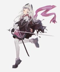 Rule 34 | 1girl, arknights, black dress, black footwear, black gloves, boots, dress, earrings, female focus, full body, gloves, grey eyes, grey hair, head wings, highres, holding, holding sword, holding weapon, irene (arknights), jewelry, leg up, long hair, long sleeves, looking at viewer, pantyhose, pink dress, pink ribbon, rapier, ribbon, scabbard, scar, scar across eye, sheath, simple background, solo, standing, standing on one leg, sword, two-tone dress, weapon, white background, white pantyhose, wings, yuwan1241