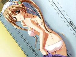 Rule 34 | 1990s (style), 1girl, ass, blush, bra, breasts, brown eyes, brown hair, carrot, dutch angle, food-themed clothes, from behind, game cg, kunugi ayano, lingerie, locker, locker room, long hair, looking back, maid, medium breasts, murakami suigun, non-web source, open mouth, panties, pia carrot (series), pia carrot e youkoso!!, pia carrot e youkoso!! g.o., retro artstyle, sideboob, solo, surprised, twintails, underwear, underwear only, undressing, waitress