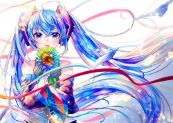 Rule 34 | 1girl, absurdres, ahoge, bare shoulders, blue eyes, blue hair, blue neckwear, colorful, commentary, detached sleeves, english commentary, flower, grey shirt, hair ornament, hatsune miku, highres, holding, holding flower, leaf, long hair, looking at viewer, necktie, parted lips, shirayuki towa, shirt, skirt, sleeveless, sleeveless shirt, sparkle, star (symbol), streamers, sunflower, symbol in eye, twintails, very long hair, vocaloid