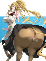 Rule 34 | 1girl, amano cigusa, animal ears, anus, ass, back, blonde hair, blue eyes, blush, breasts, centaur, centorea shianus, clitoral hood, clitoris, covered erect nipples, highres, horse ears, horse pussy, horse tail, huge ass, huge breasts, long hair, looking back, monster girl, monster musume no iru nichijou, open mouth, ponytail, pussy, sagging breasts, solo, tail, taur, thick thighs, thighs, uncensored, very long hair, wide hips