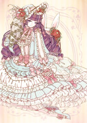 Rule 34 | 1girl, absurdres, animal ears, bag, bonnet, bow, braid, rabbit ears, center frills, commentary request, curly hair, dress, flower, frilled dress, frilled legwear, frilled sleeves, frills, hair bow, half-closed eyes, hat, hat bow, hat feather, hat flower, high heels, highres, layered dress, lolita fashion, long hair, long sleeves, looking at viewer, neck ribbon, original, pink ribbon, purple eyes, purple hair, reinxiren, ribbon, footwear bow, shoes, smile, solo, sweet lolita, tassel, too many, too many frills, veil