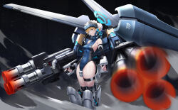 Rule 34 | 1girl, blonde hair, blue archive, blue eyes, blue halo, blue leotard, blurry, blurry foreground, breasts, cannon, covered navel, depth of field, earpiece, embers, fingerless gloves, gloves, hair bun, halo, headgear, heattech leotard, highres, hot metal, leotard, looking at viewer, machinery, mecha, moonface, multiple barrel gun, robot, sideboob, smoke, solo, thigh strap, toki (blue archive), turret, turtleneck