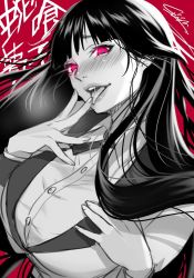 Rule 34 | 1girl, black hair, blunt bangs, blush, breasts, collared shirt, commentary request, dress shirt, glowing, glowing eyes, greyscale, greyscale with colored background, hime cut, jabami yumeko, jacket, kakegurui, large breasts, licking, licking finger, lips, long hair, looking at viewer, masami chie, monochrome, open mouth, red background, red eyes, saliva, school uniform, shirt, solo, white shirt