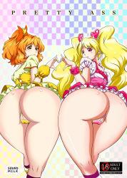 Rule 34 | 00s, 2girls, ass, ass-to-ass, ass focus, bent over, blonde hair, bow, cameltoe, content rating, cover, cover page, cure peach, cure pine, fresh precure!, hair ornament, heart, heart hair ornament, heart hands, heart hands duo, huge ass, long hair, looking back, magical girl, momozono love, multiple girls, orange hair, otochichi, panties, pink bow, precure, red eyes, ribbon, smile, thong, underwear, yamabuki inori