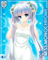 Rule 34 | 1girl, blue background, blue eyes, blunt bangs, card, character name, closed mouth, dress, girlfriend (kari), miss monochrome, miss monochrome (character), official art, qp:flapper, smile, solo, tagme, thighhighs, twintails, wedding dress, white dress, white footwear, white hair